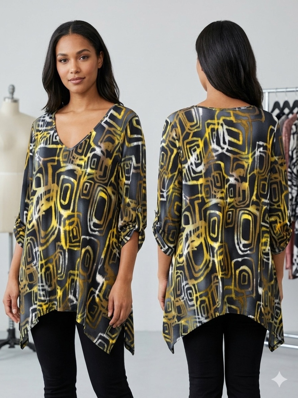Geo-Print V-Neck Tunic Top in Yellow and Black